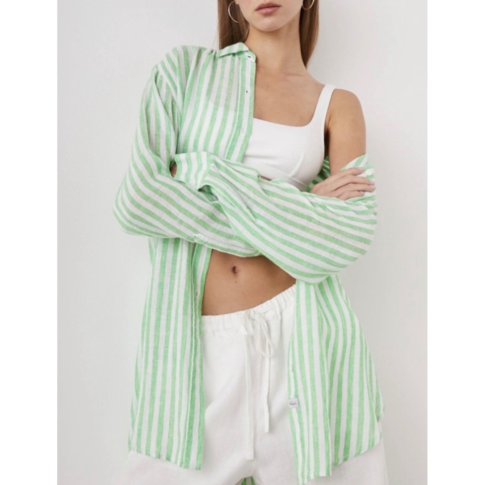 Rails Jaylin Cayman Green Stripe Linen Blend Button Down Shirt Womens Small